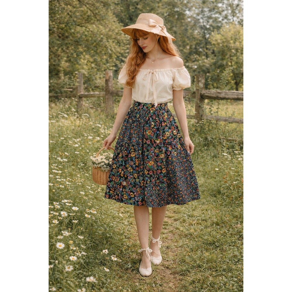 Oscar De La Renta Midi Full‎ Skirt Floral M whimsigoth 90s Country Cottage Artsy